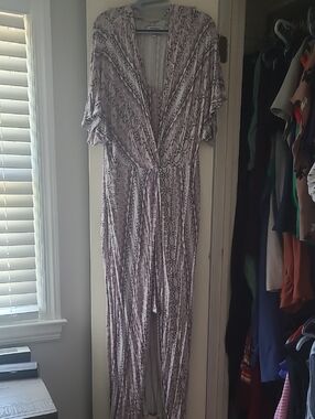 Snake Print Wrap Jumpsuit in Taupe and Ivory